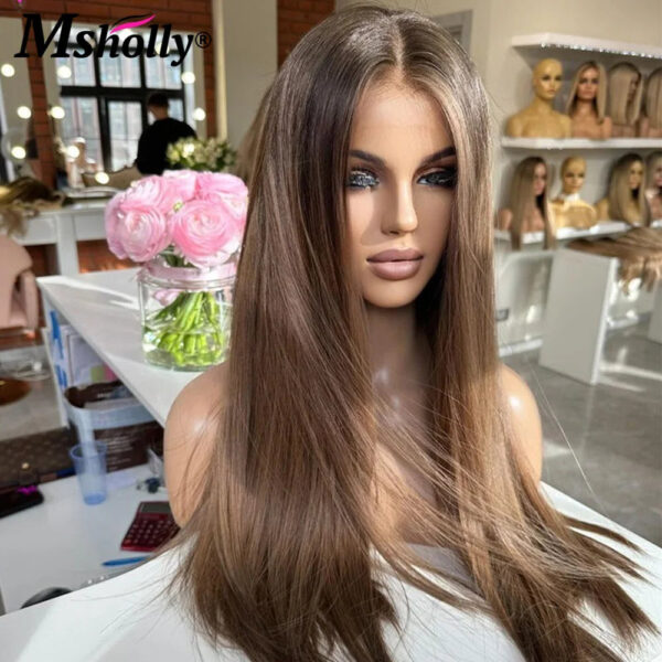 Highlight Chocolate Brown 13x4 Lace Front Wigs Human Hair Bone - Image 4
