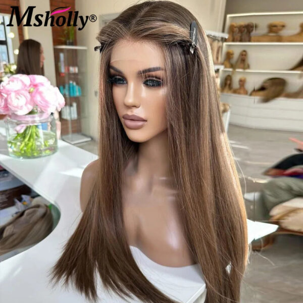 Highlight Chocolate Brown 13x4 Lace Front Wigs Human Hair Bone - Image 5