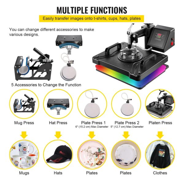 VEVOR Combo Heat Press Machine 5/6/8 in 1 30*38CM 38*38CM Muntifunctional Sublimation Printer Transfer for Mug Hat Plate T-Shirt - Image 6